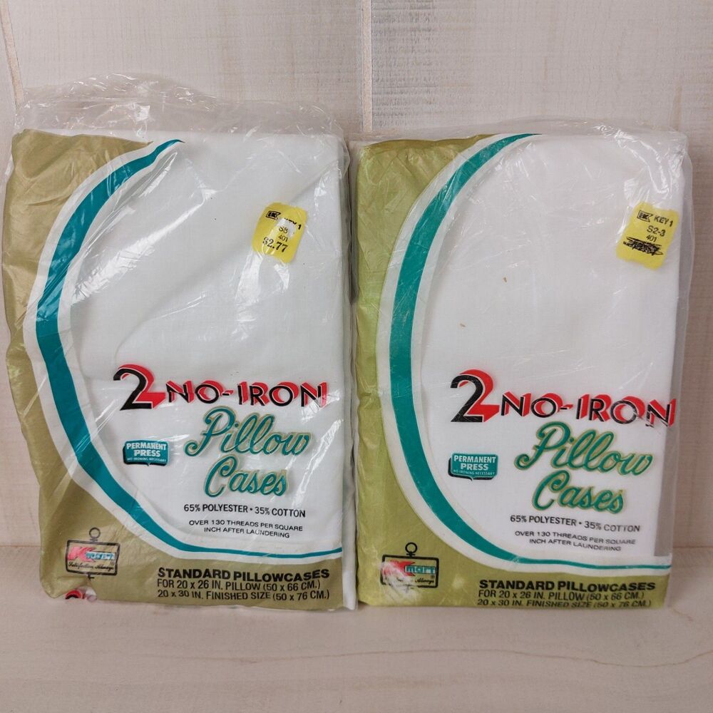 Vintage Kmart 2 No-Iron Standard White Pillowcases 65/35 Poly Cotton 20x26 NOS